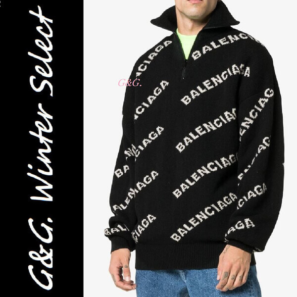 【バレンシアガ】インターシャロゴ ニットセーター 長袖ハイスタンドカラー リブ編みの裾とカフス