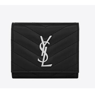 サンローラン 偽物 シルバー財布 モノグラム黒X 三つ折のコンパクト財布