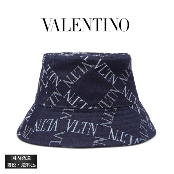 VALENTINO ヴァレンティノ キャップ コピー ロゴ プリント デニム バケットハット ネイビー 人気